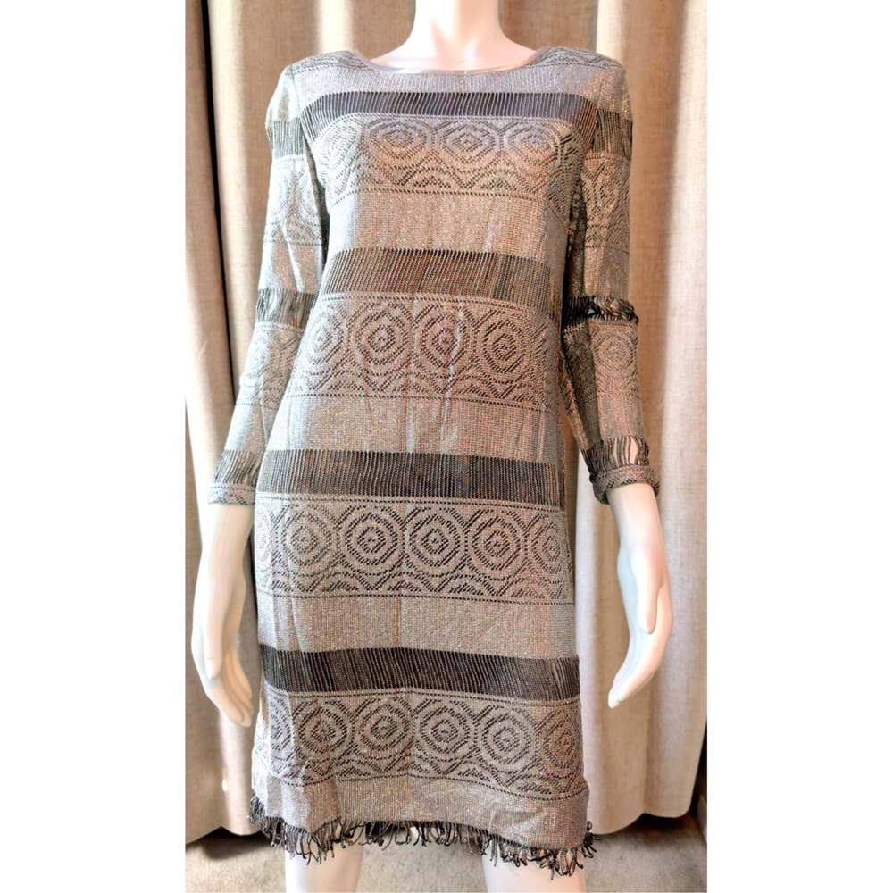 VTG 80s Amanda Taylor Silver Metallic Knit Cocktail Dress Fringe Hem Size 10